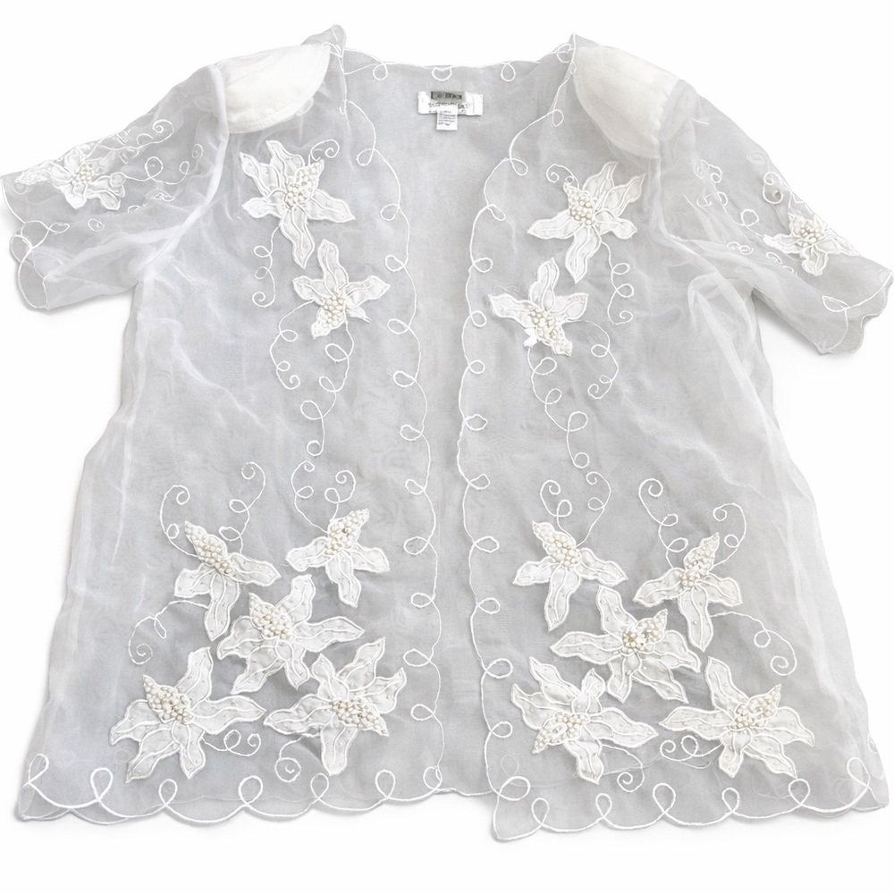 La Rea Collection Beaded Linen Sheer Jacket XL White Floral Pearl Overlay Formal